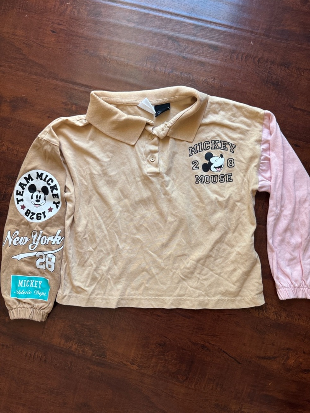 Zara kids girls Mickey Mouse Colorblock Long-Sleeve Polo Top - Beige & Pink